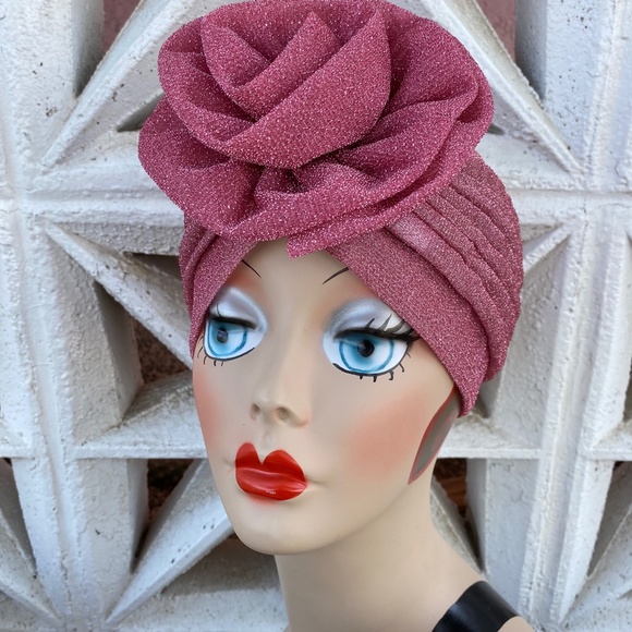 Baby Pink Gorgeous sparkle metallic flower turban cloche - Picture 2 of 4